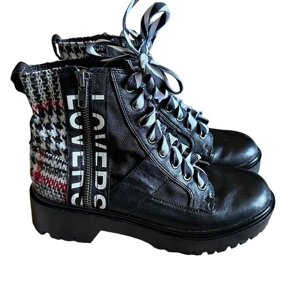 Steve Madden Boots Women's Size 6M Lennox Combat Leather Plaid Stripe Lace Black - Picture 1 of 9